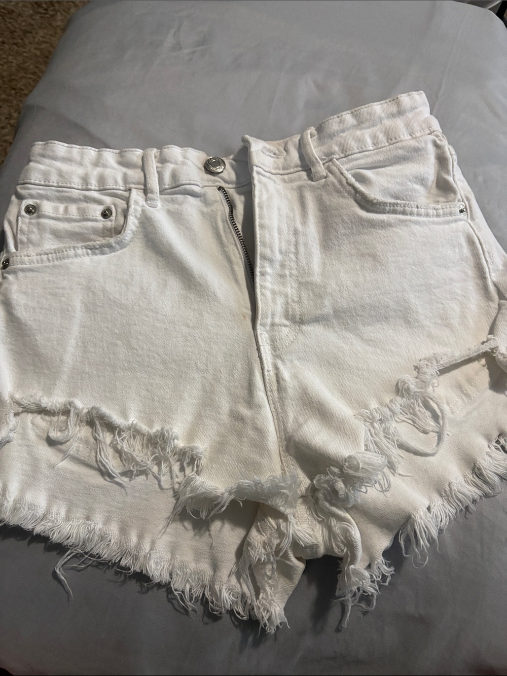 Zara White Distressed High-Rise Denim Shorts